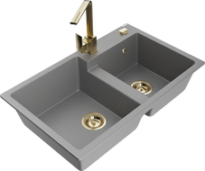 Mexen Tomas évier en granit 2 bacs avec mitigeur de cuisine Rita, gris - 6516-71-670300-50