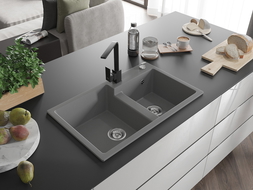 Mexen Tomas évier de cuisine en granit à 2 bacs avec robinet de cuisine Rita, gris - 6516-71-670300-70