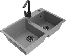 Mexen Tomas évier en granit à 2 bacs avec robinet de cuisine Rita, gris - 6516-71-670300-70-B