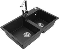 Mexen Tomas évier en granit à 2 bacs avec robinet de cuisine Rita, noir/argent métallisé - 6516-73-670300-00