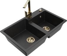 Mexen Tomas évier en granit 2 bacs avec robinet de cuisine Rita, noir/métallique argenté - 6516-73-670300-50