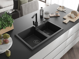 Mexen Tomas évier en granit à 2 bacs avec mitigeur de cuisine Rita, noir/métallique argenté - 6516-73-670300-70-B