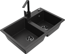 Mexen Tomas évier en granit à 2 bacs avec mitigeur de cuisine Rita, noir/métallique argenté - 6516-73-670300-70-B