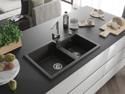 Mexen Tomas évier granit 2 bacs avec robinet de cuisine Rita, noir/doré métallisé - 6516-75-670300-00