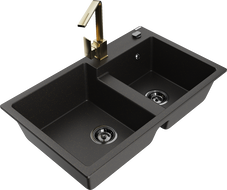 Mexen Tomas évier en granit 2 bacs avec robinet de cuisine Rita, noir/doré métallisé - 6516-75-670300-50-B