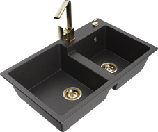 Mexen Tomas évier en granit à 2 cuves avec robinet de cuisine Rita, noir moucheté - 6516-76-670300-50