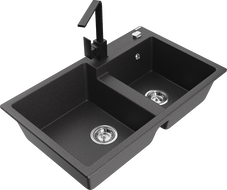 Mexen Tomas évier en granit à 2 cuves avec robinet de cuisine Rita, noir moucheté - 6516-76-670300-70