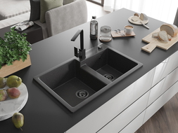 Mexen Tomas évier en granit à 2 bacs avec robinet de cuisine Rita, noir moucheté - 6516-76-670300-70-B