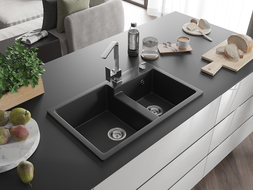 Mexen Tomas évier en granit à 2 bacs avec mitigeur de cuisine Rita, noir - 6516-77-670300-00