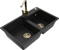 Mexen Tomas évier en granit à 2 bacs avec robinetterie de cuisine Rita, noir - 6516-77-670300-50