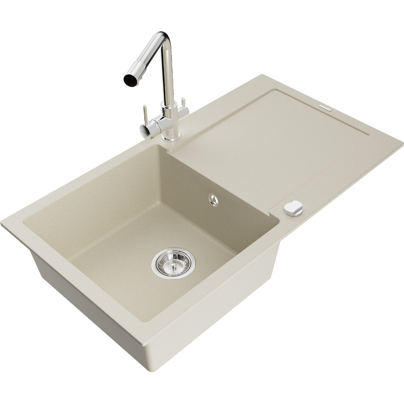 Mexen Leo évier en granit 1 bac avec égouttoir et robinet de cuisine Duero, beige - 6501-69-671600-00