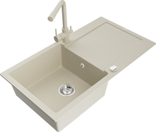 Mexen Leo évier en granit 1 bac avec égouttoir et robinet de cuisine Duero, beige- 6501-69-671600-69