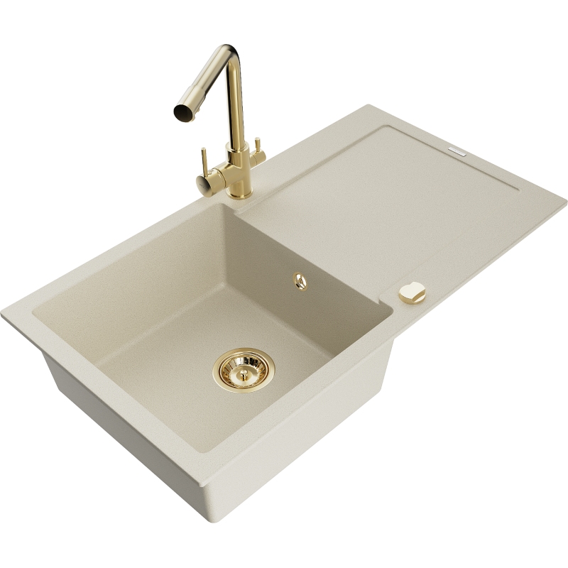 Mexen Leo évier en granit 1 cuve avec égouttoir et robinet de cuisine Duero, beige- 6501-69-671600-50