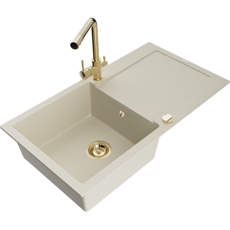 Mexen Leo évier en granit 1 bac avec égouttoir et robinet de cuisine Duero, beige - 6501-69-671600-50