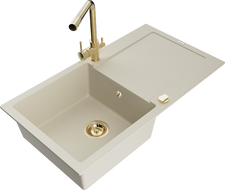Mexen Leo évier en granit 1 cuve avec égouttoir et robinet de cuisine Duero, beige- 6501-69-671600-50