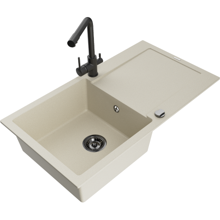 Mexen Leo évier en granit 1 bac avec égouttoir et robinet de cuisine Duero, beige- 6501-69-671600-70