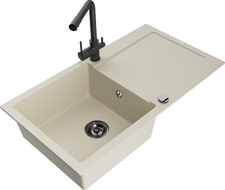 Mexen Leo évier en granit 1 bac avec égouttoir et robinet de cuisine Duero, beige- 6501-69-671600-70