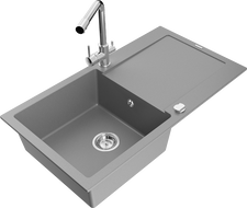 Mexen Leo évier de cuisine en granit 1-bassin avec égouttoir et mitigeur de cuisine Duero, gris - 6501-71-671600-00