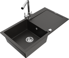 Mexen Leo évier en granit à 1 bac avec égouttoir et robinet de cuisine Duero, noir/or métallique - 6501-75-671600-00