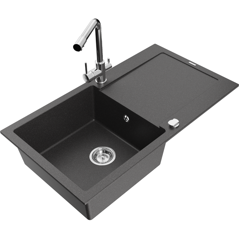 Mexen Leo évier en granit 1-bassine avec égouttoir et robinet de cuisine Duero, noir tacheté - 6501-76-671600-00