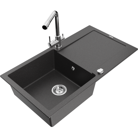 Mexen Leo évier en granit 1-bassine avec égouttoir et robinet de cuisine Duero, noir tacheté - 6501-76-671600-00