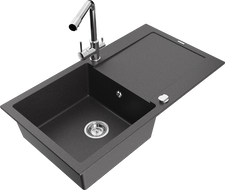 Mexen Leo évier en granit 1-bassine avec égouttoir et robinet de cuisine Duero, noir tacheté - 6501-76-671600-00