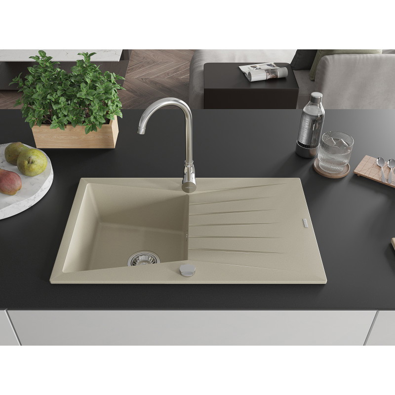 Mexen Cesar évier en granit 1 bac avec égouttoir et robinet de cuisine Telma, beige - 6514-69-670200-00