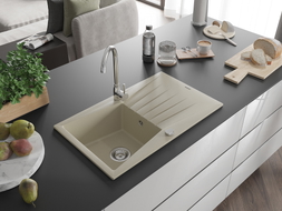Mexen Cesar évier en granit 1 bac avec égouttoir et robinet de cuisine Telma, beige - 6514-69-670200-00