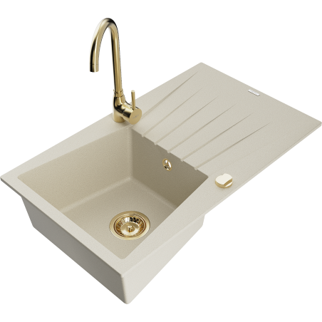 Mexen Cesar évier en granit 1 bac avec égouttoir et robinet de cuisine Telma, beige - 6514-69-670200-50