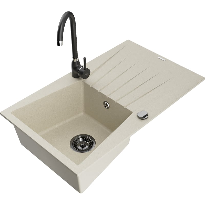 Mexen Cesar évier de cuisine en granit 1 cuve avec égouttoir et robinet de cuisine Telma, beige - 6514-69-670200-70