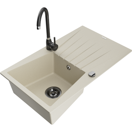Mexen Cesar évier en granit 1 bac avec égouttoir et robinet de cuisine Telma, beige - 6514-69-670200-70