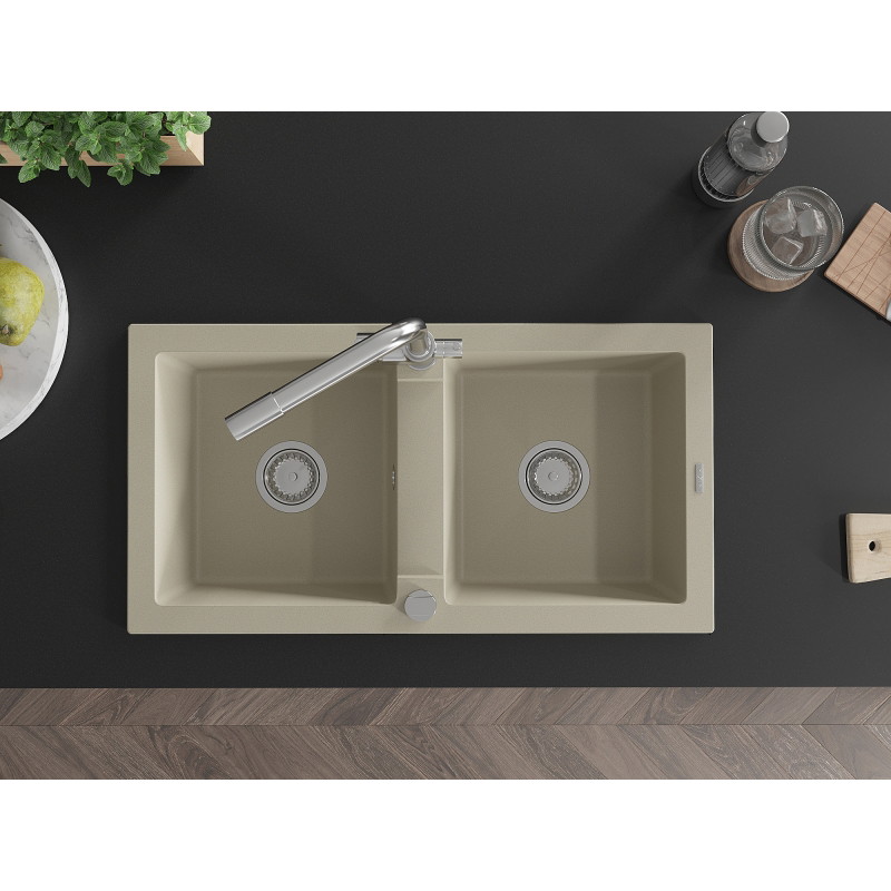 Mexen Mario évier en granit 2 bacs avec mitigeur cuisine Duero, beige - 6504-69-671600-00