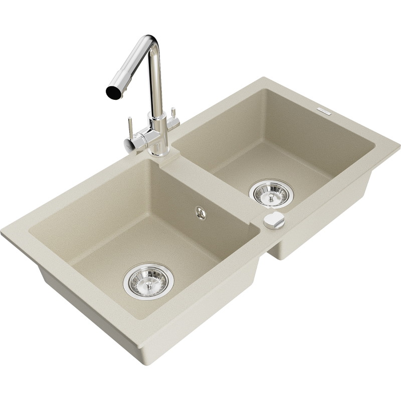 Mexen Mario évier en granit 2 bacs avec mitigeur cuisine Duero, beige - 6504-69-671600-00