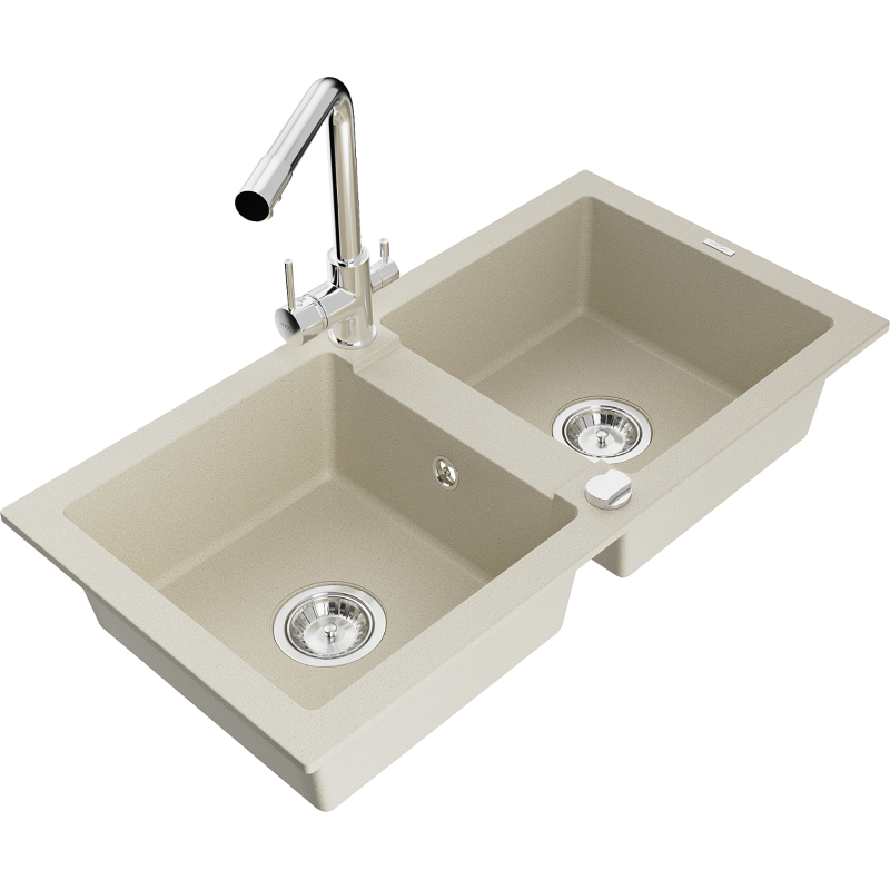 Mexen Mario évier en granit à 2 cuves avec robinet de cuisine Duero, beige - 6504-69-671600-00