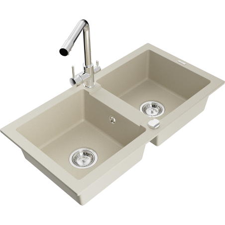 Mexen Mario évier en granit 2 bacs avec robinet de cuisine Duero, beige - 6504-69-671600-00
