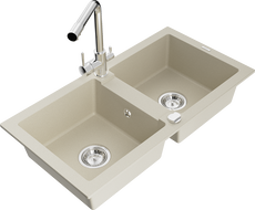 Mexen Mario évier en granit 2 bacs avec robinet de cuisine Duero, beige - 6504-69-671600-00