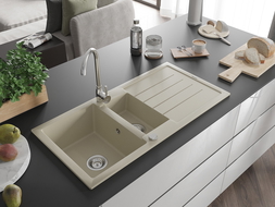 Mexen Andres évier en granit 1,5 bac avec égouttoir et robinet de cuisine Telma, beige - 6515-69-670200-00