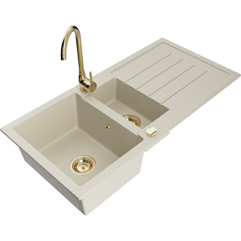 Mexen Andres évier en granit 1,5 bac avec égouttoir et robinet de cuisine Telma, beige - 6515-69-670200-50