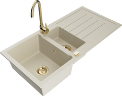 Mexen Andres évier en granit 1,5 bac avec égouttoir et robinet de cuisine Telma, beige - 6515-69-670200-50