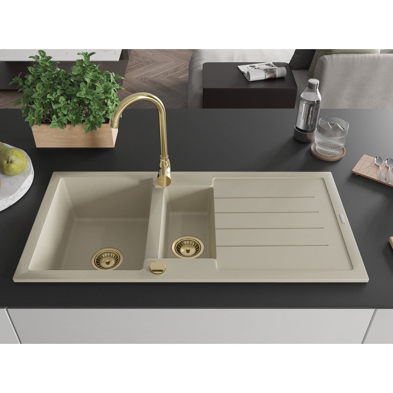 Mexen Andres évier en granit 1,5 cuves avec égouttoir et robinet de cuisine Telma, beige - 6515-69-670200-50