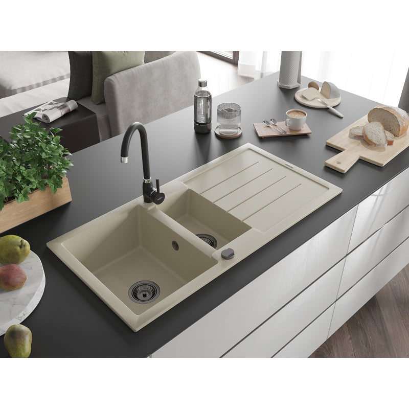 Mexen Andres évier en granit 1,5 bac avec égouttoir et robinet de cuisine Telma, beige - 6515-69-670200-70