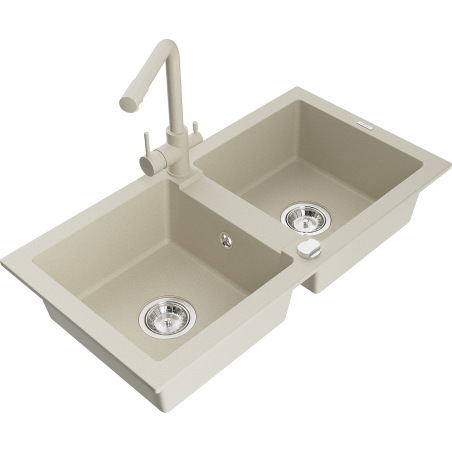 Mexen Mario évier en granit 2 bacs avec robinet de cuisine Duero, beige - 6504-69-671600-69