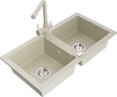 Mexen Mario évier en granit 2 bacs avec robinet de cuisine Duero, beige - 6504-69-671600-69