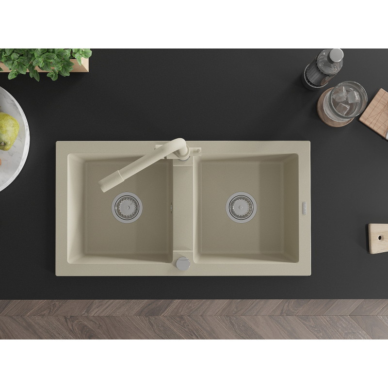 Mexen Mario évier en granit 2 bacs avec robinet de cuisine Duero, beige - 6504-69-671600-69