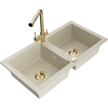 Mexen Mario évier en granit à 2 bacs avec robinet de cuisine Duero, beige - 6504-69-671600-50