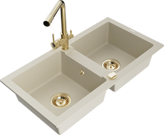 Mexen Mario évier de cuisine en granit 2 bacs avec robinet Duero, beige - 6504-69-671600-50