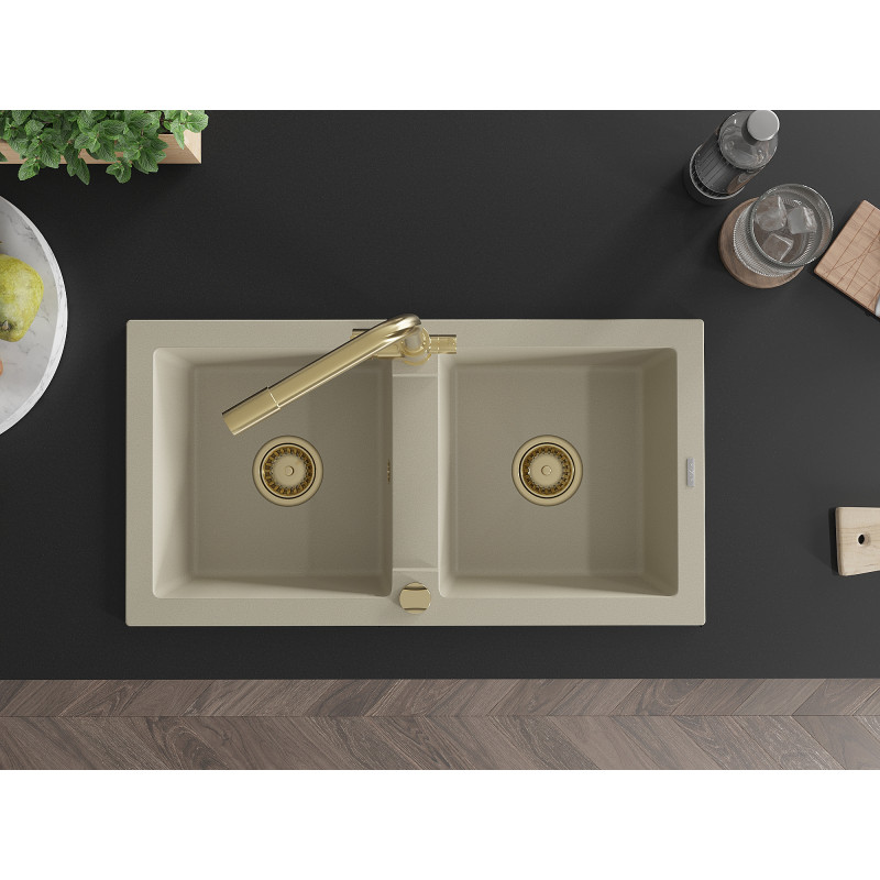 Mexen Mario évier de cuisine en granit 2 bacs avec robinet de cuisine Duero, beige - 6504-69-671600-50