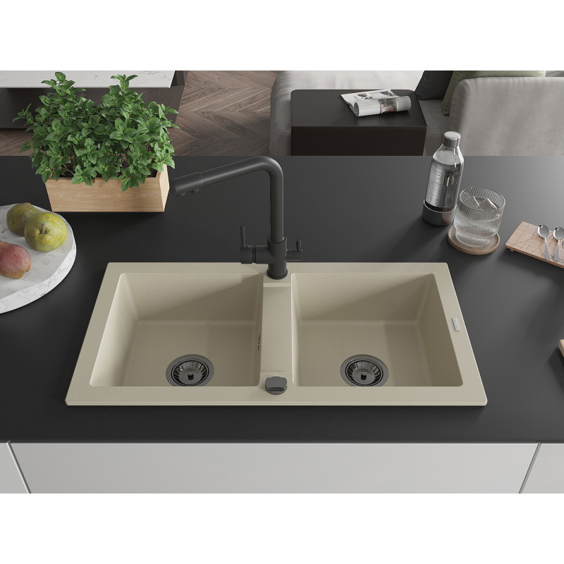 Mexen Mario évier en granit à 2 bacs avec robinet de cuisine Duero, beige - 6504-69-671600-70
