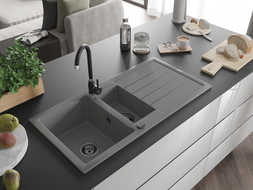 Mexen Andres évier en granit 1,5 cuve avec égouttoir et mitigeur de cuisine Telma, gris - 6515-71-670200-70-B