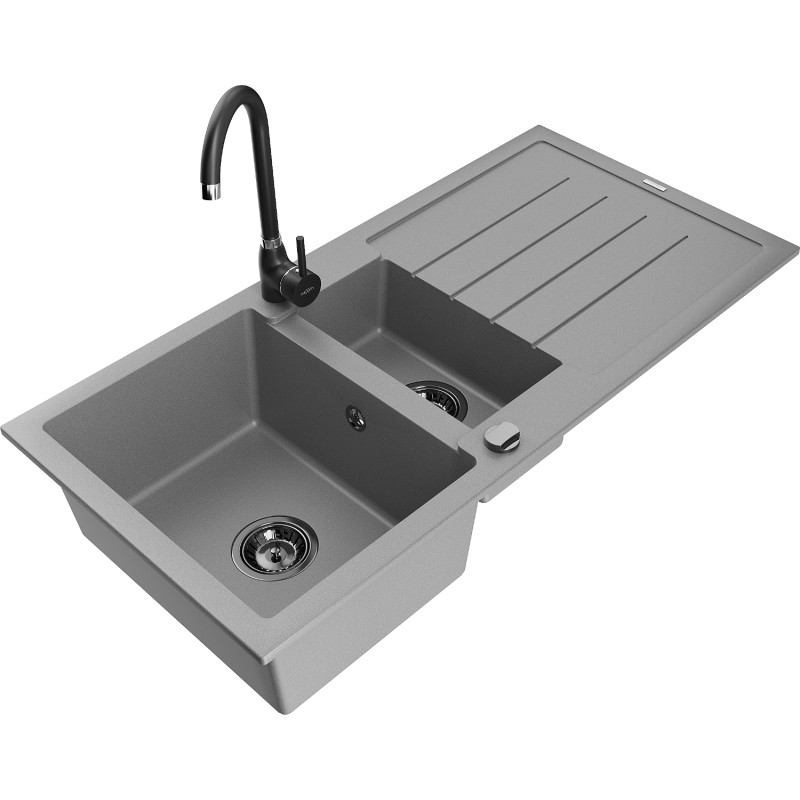 Mexen Andres évier en granit 1,5 cuves avec égouttoir et robinet de cuisine Telma, gris - 6515-71-670200-70-B